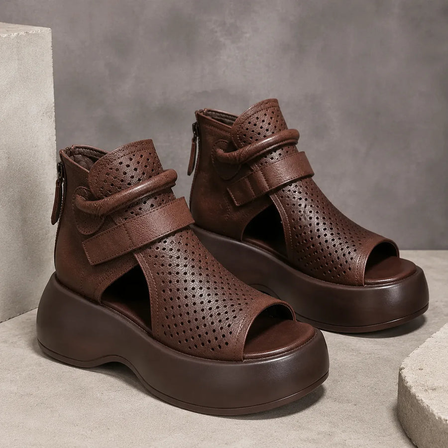Terracora – Cut Out Platform Sandals with Back Zip, Cognac Espresso Beige