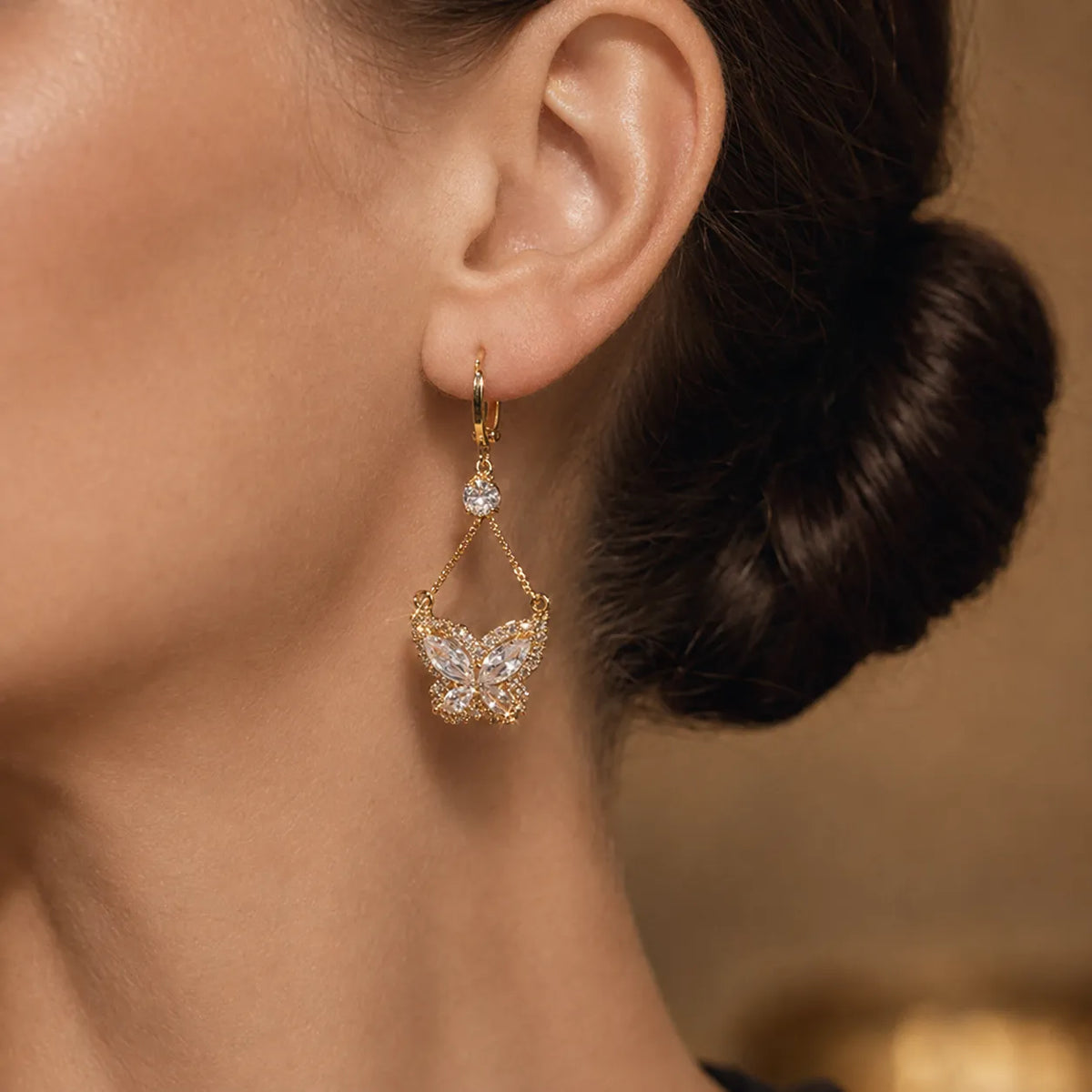Papillore – Sparkling butterfly drop earrings, gold-tone cubic zirconia, delicate everyday elegance