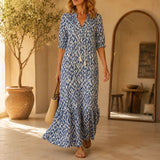 Solara – Ikat Print Boho Maxi Dress with Tassel V-Neck