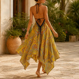 Solivia – Boho paisley halter maxi dress with open back and handkerchief hem