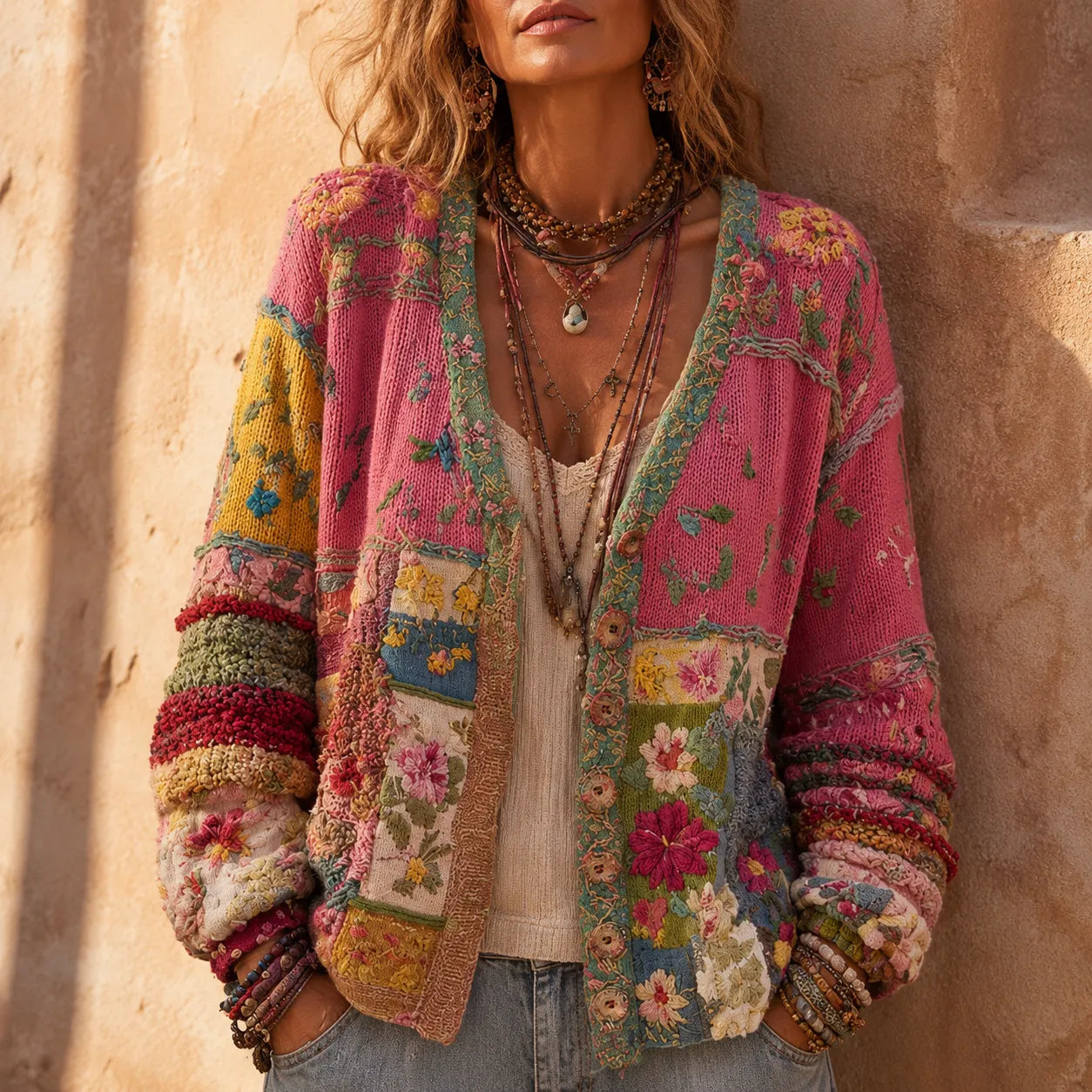 Solenne – Embroidered Look Floral Patchwork Boho Cardigan