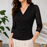 Solavia – Sparkle Ruched Crossover V-Neck Top with Sheer Mesh Sleeves