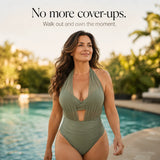 Sirella – Ruched Tummy Control Halter Swimsuit with Mesh V-Neck