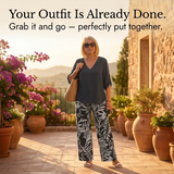 Lark & Palm – Women's V-Neck Top & Leaf-Print Wide-Leg Pants Set