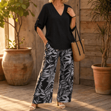 Lark & Palm – Women's V-Neck Top & Leaf-Print Wide-Leg Pants Set
