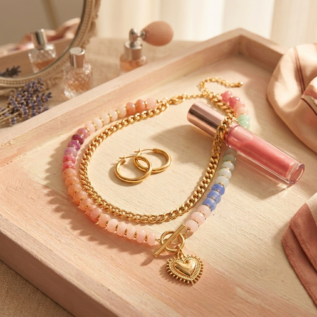 Lunavia – Pastel Bead Layered Necklace with Gold Heart