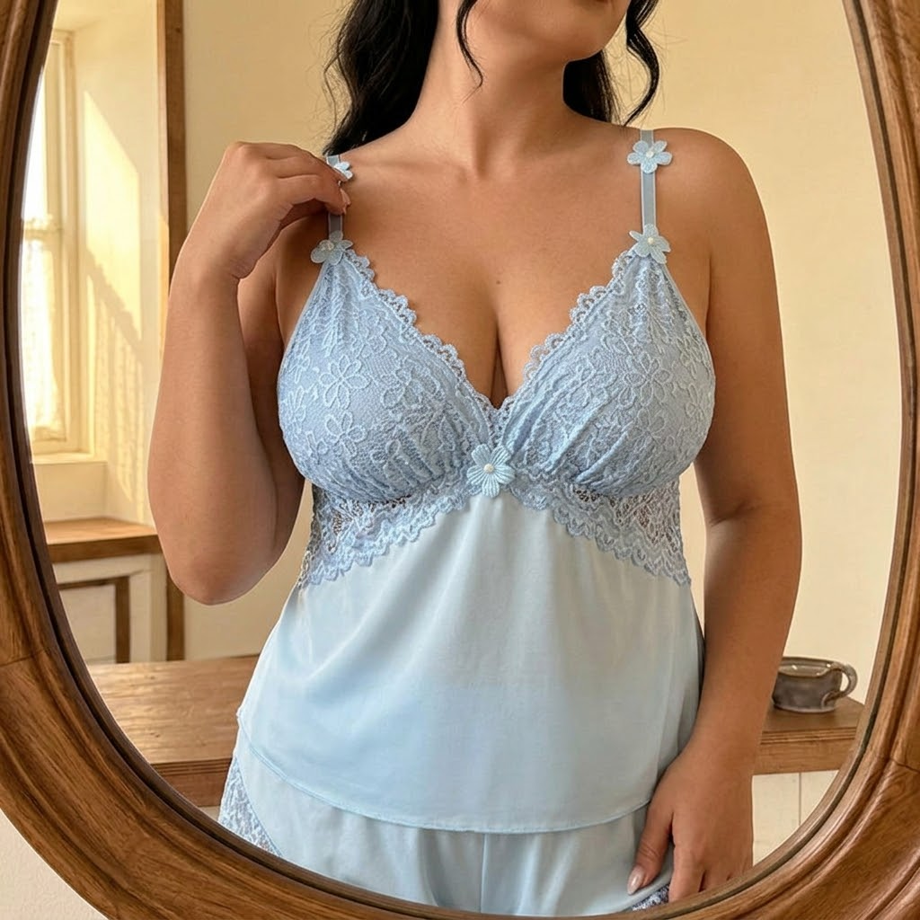 Lunessa – Lace Trim Satin Pajama Set