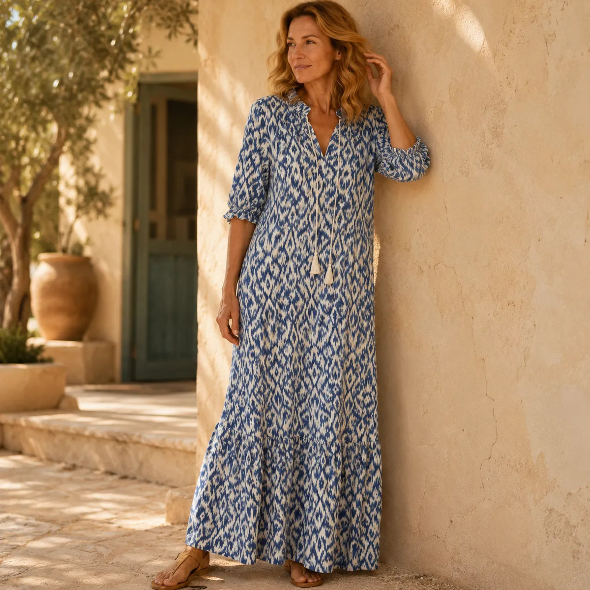 Solara – Ikat Print Boho Maxi Dress with Tassel V-Neck