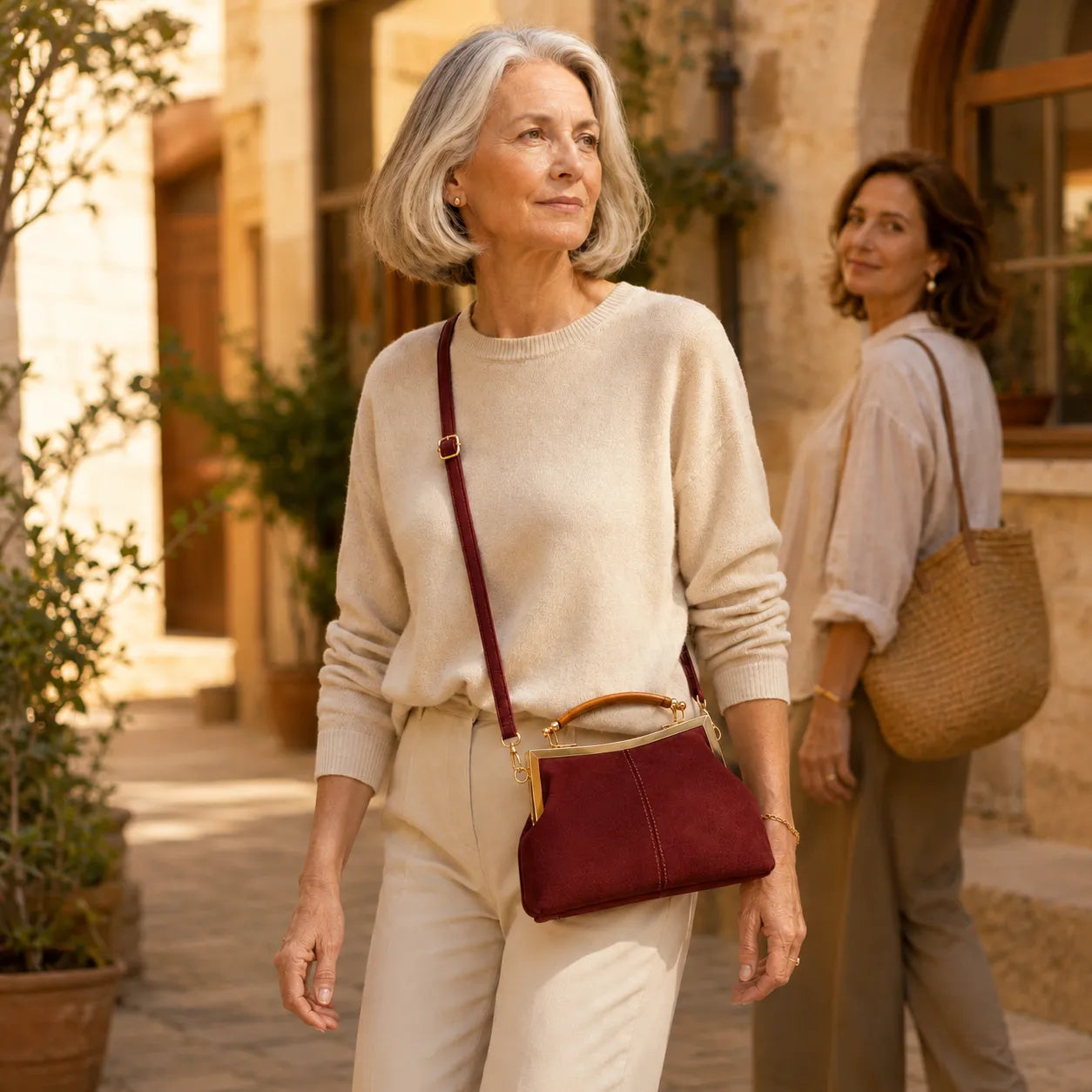 Marelli – Suede-look shell bag with gold tone-frame clasp and crossbody strap