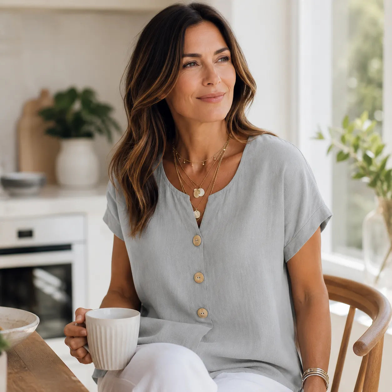 Lyneva – Linen-Look V-Neck Button Top for Women, Relaxed Casual Short-Sleeve Blouse
