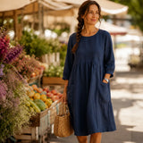 Marelle – Linen-Look Midi Dress with Three-Quarter Sleeves & Pockets