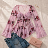 Roselyn – Floral tie-front bell sleeve mesh blouse