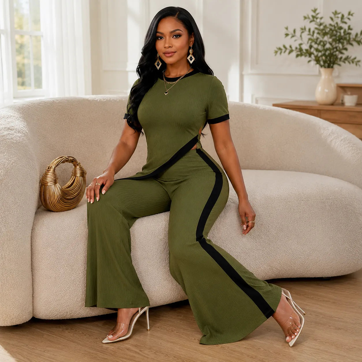 Velora – Asymmetric Ribbed Two-Piece Set with Flared Pants