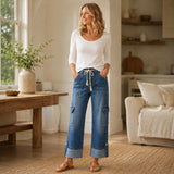 Marielle – Wide Leg Cropped Cargo Jeans with Rope Tie Waist