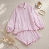 Lunevie – Ruffled Two-Piece Lounge Set with Puff Sleeves