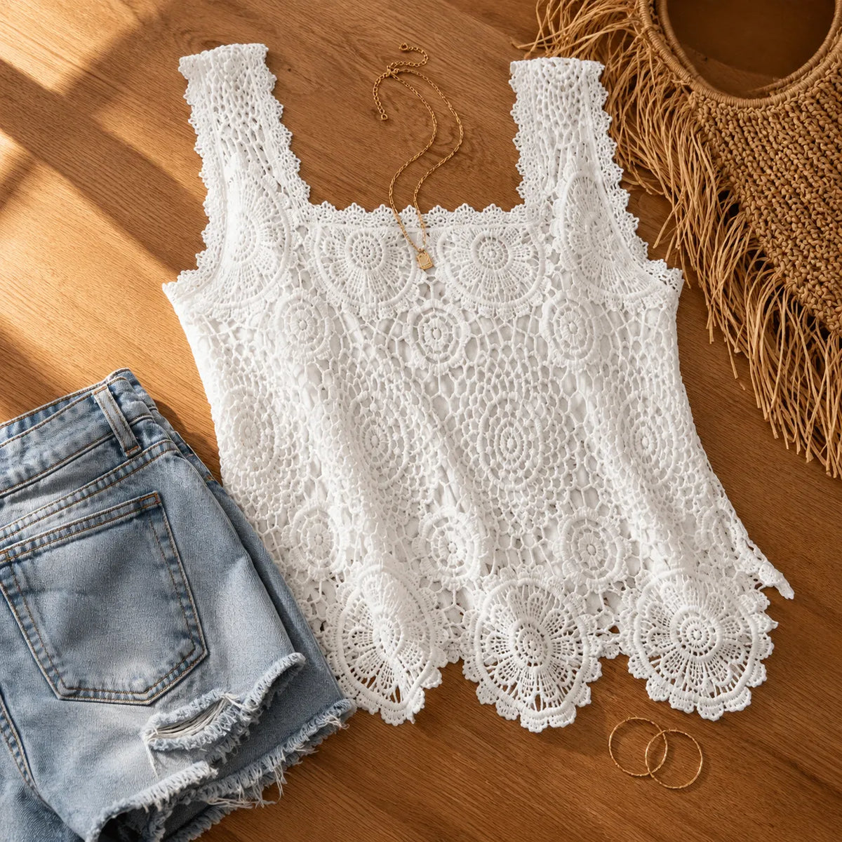 Florelle – Crochet Lace Like Square Neck Tank Top for Summer