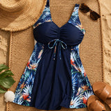 Solmara – Plus Size Printed Swimdress with Built-in Shorts, V-Neck Tie-Front