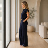Loriana – Women's Matching Set, Cap Sleeve Polo Top & Wide Leg Trousers