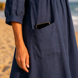 Marelle – Linen-Look Midi Dress with Three-Quarter Sleeves & Pockets