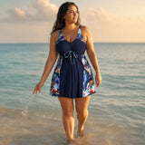 Solmara – Plus Size Printed Swimdress with Built-in Shorts, V-Neck Tie-Front
