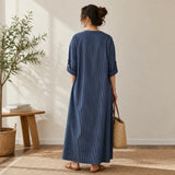 Vestara – Boho Striped V-Neck Maxi Dress with Pockets, Long Sleeves