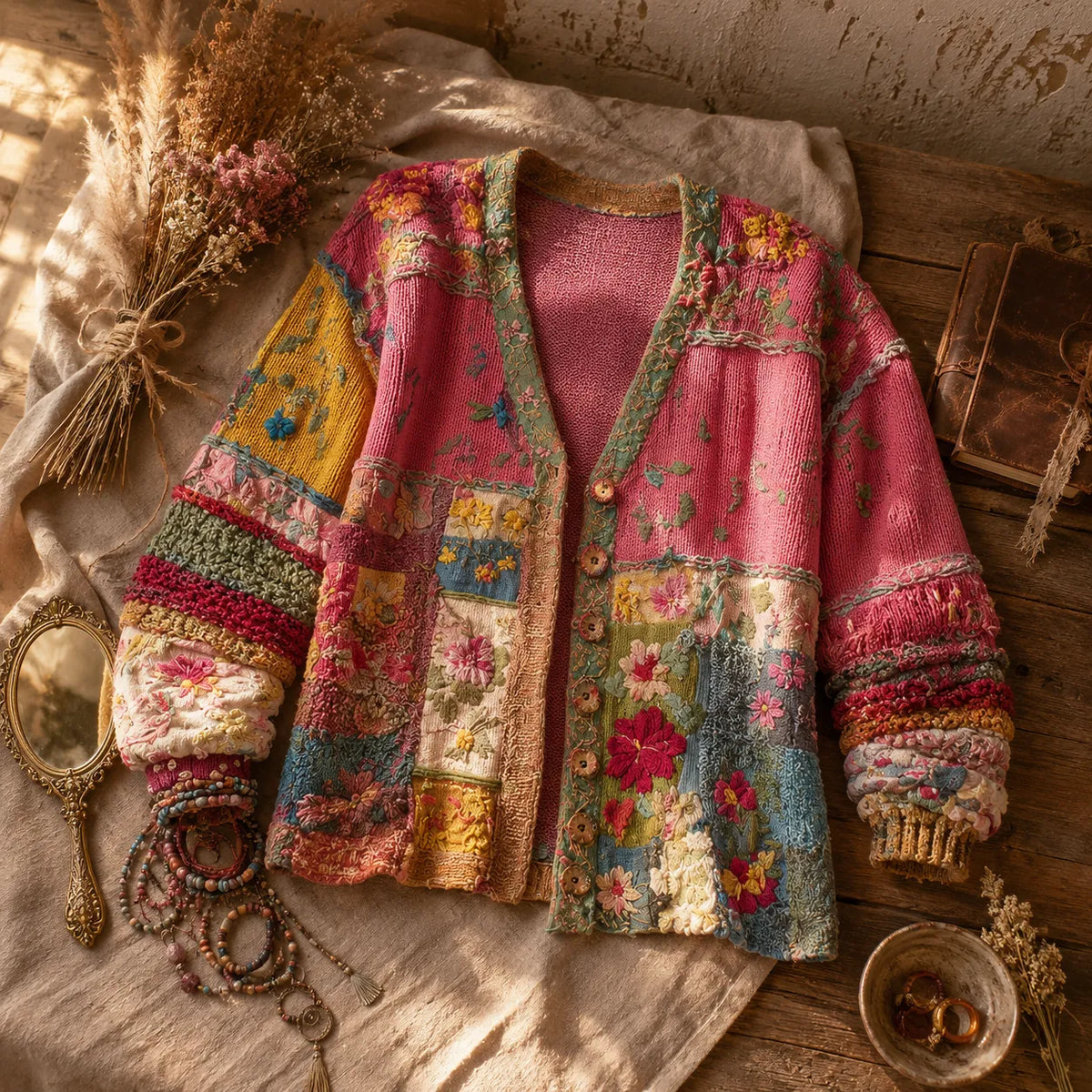 Solenne – Embroidered Look Floral Patchwork Boho Cardigan
