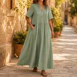 Lunavia – Pleated V-Neck Maxi Dress with Pockets
