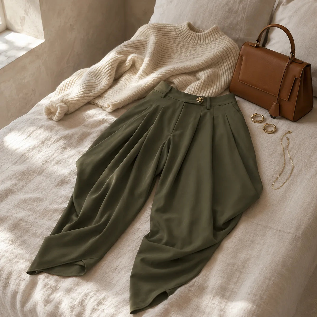 Velora – High Waist Pleated Tapered Wide Leg Trousers for Women