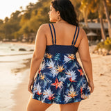Solmara – Plus Size Printed Swimdress with Built-in Shorts, V-Neck Tie-Front