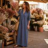 Vestara – Boho Striped V-Neck Maxi Dress with Pockets, Long Sleeves