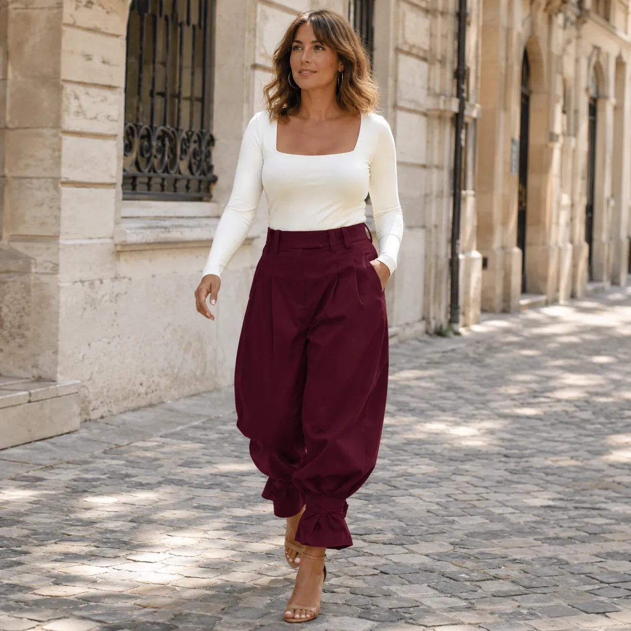 Verona – High Waist Pleated Lantern Pants with Ruffled Cuff