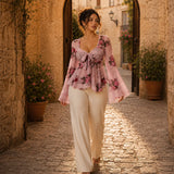 Roselyn – Floral tie-front bell sleeve mesh blouse
