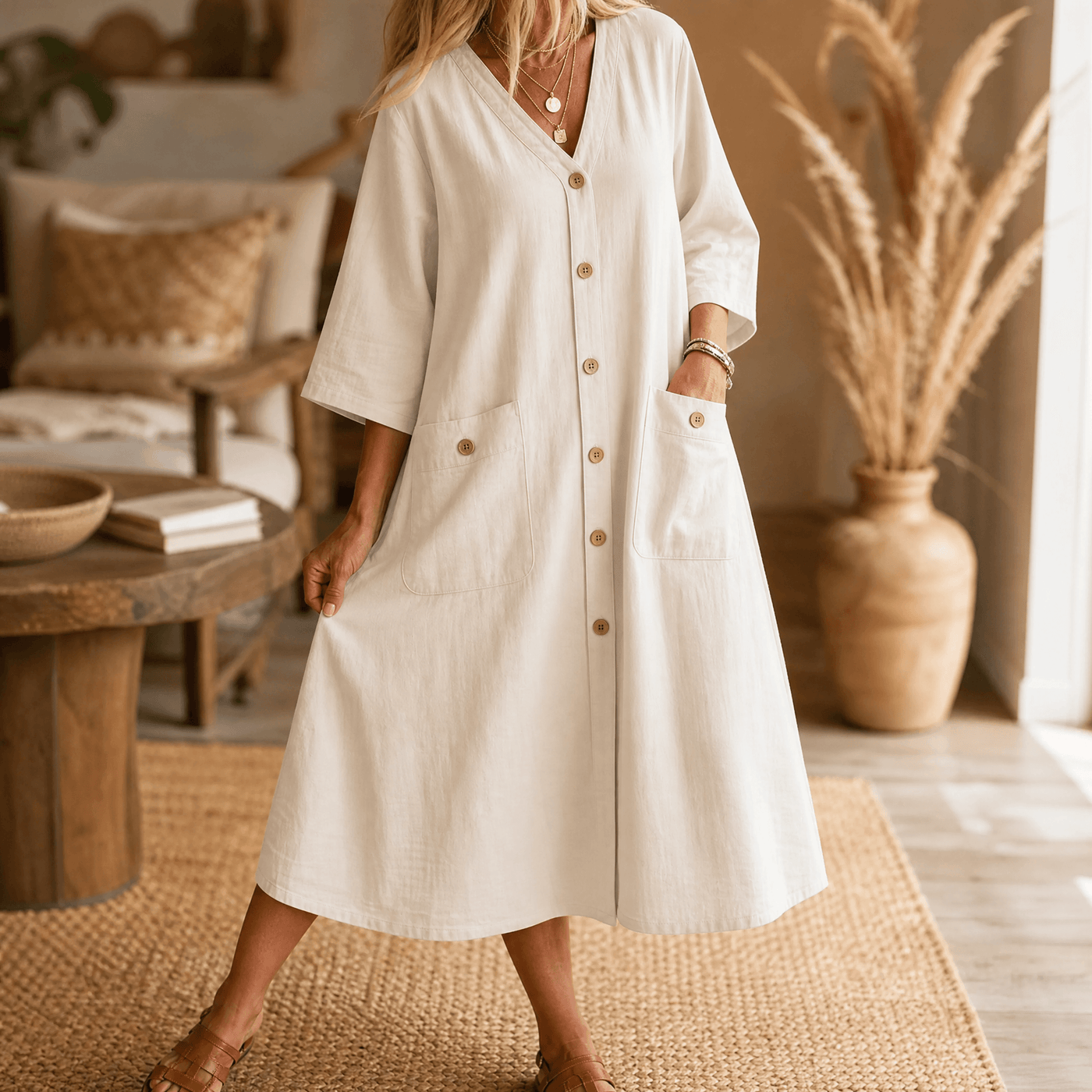 Linora – Women's Button-Front Midi Dress