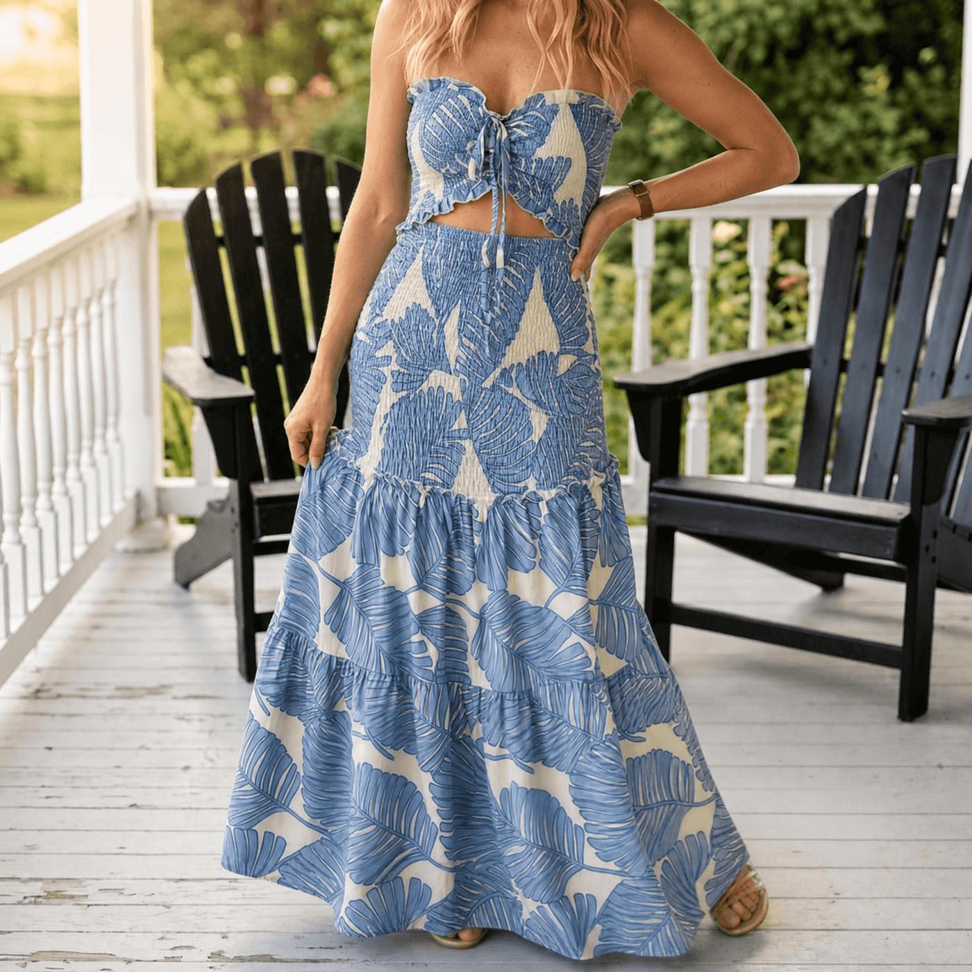 Liriosa – Women's Palm-Print Strapless Maxi Dress