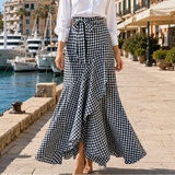 Veluna – Gingham Asymmetrical Ruffle Maxi Skirt for Women