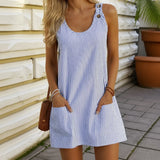 Solene – Striped Button-Strap Pinafore Sundress with Pockets