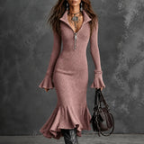 Selara – Ribbed Fishtail Knit Midi Dress with Half-Zip Collar