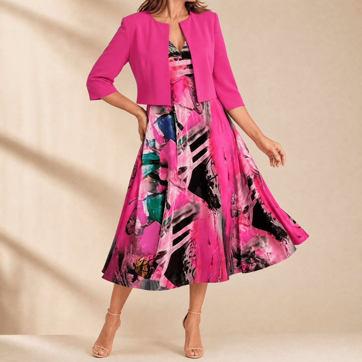 Phaeline – Women's Printed Midi Dress with Attached Cardigan