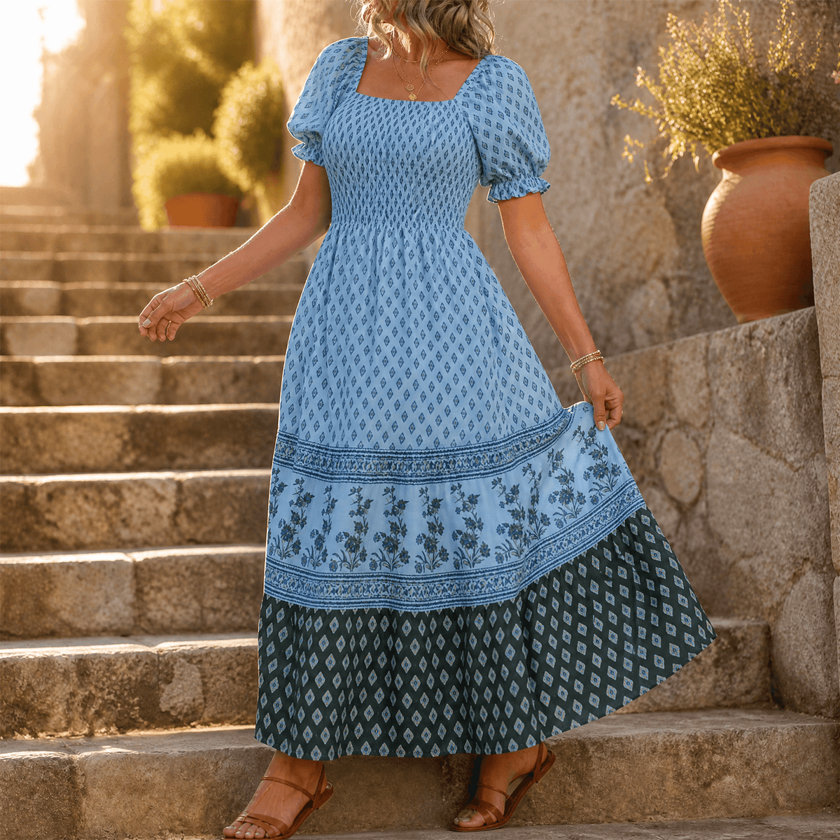 Selaris – Women's Smocked Puff Sleeve Maxi Dress