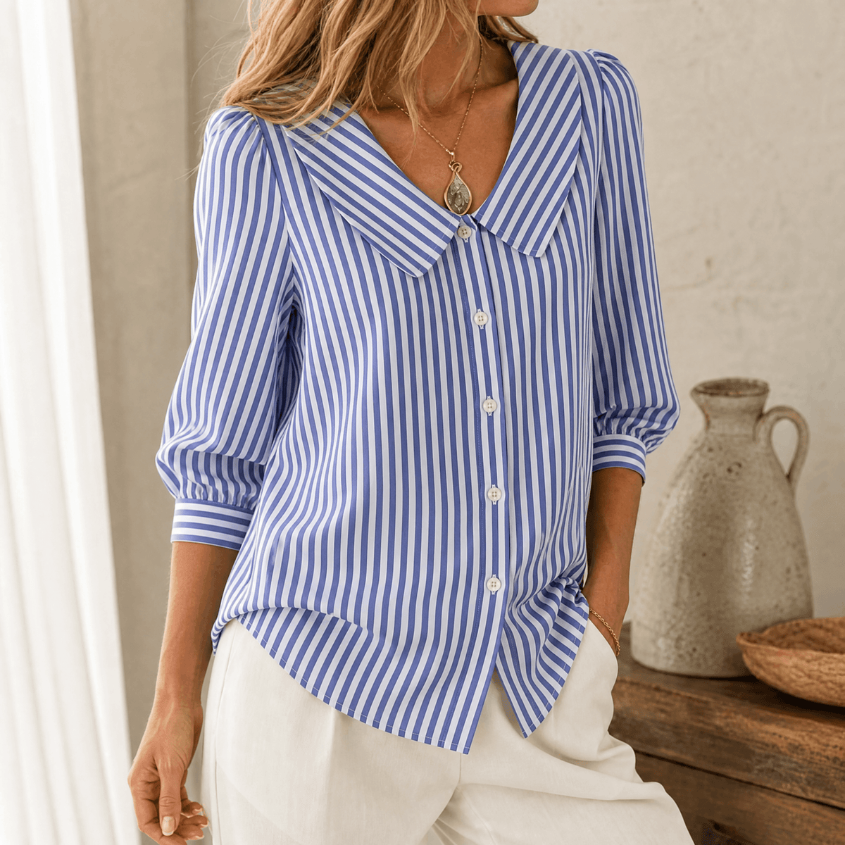 Solène – Women's Striped Sailor Collar Blouse with Puff Sleeves