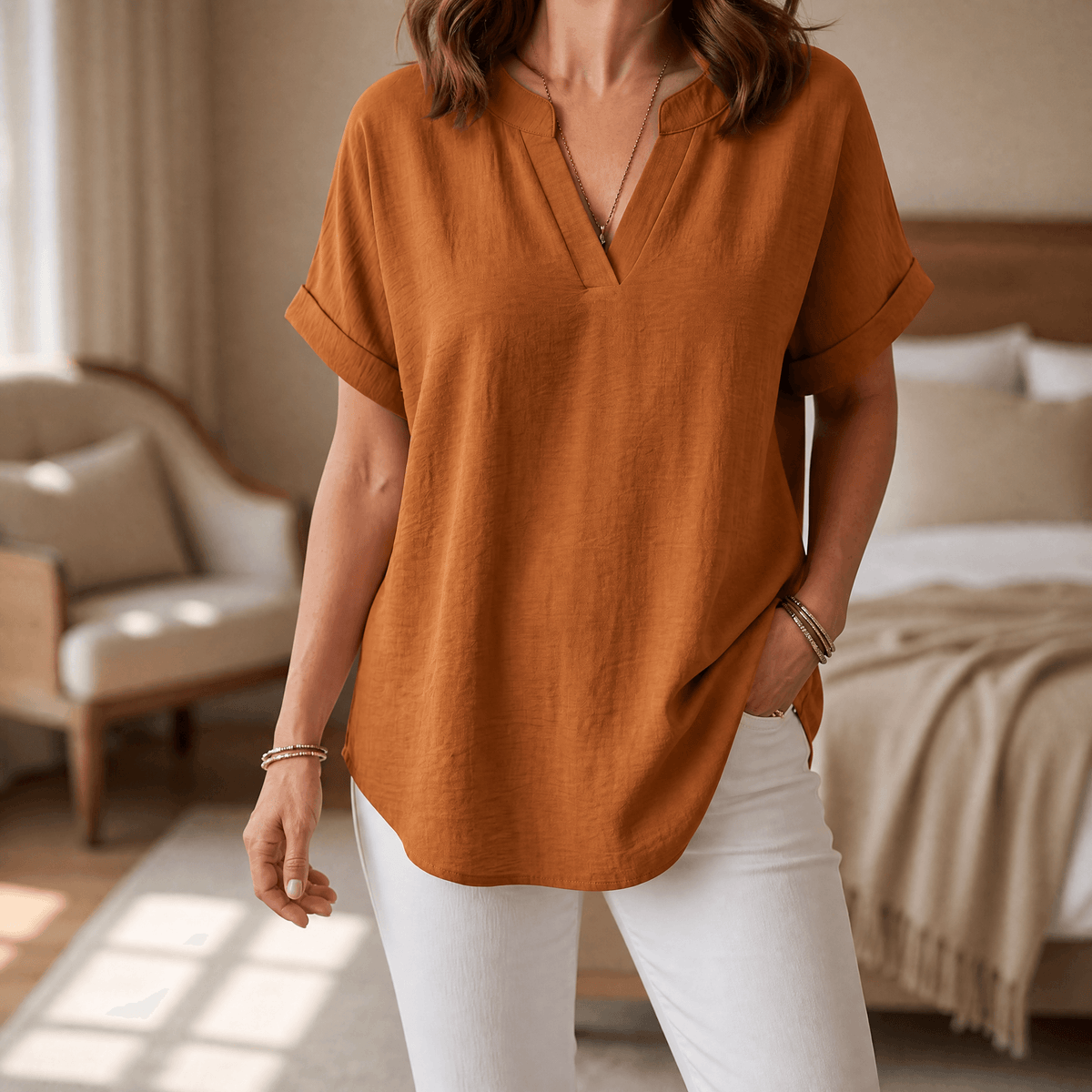 Solenne – Women's Soft Drape V-Neck Blouse