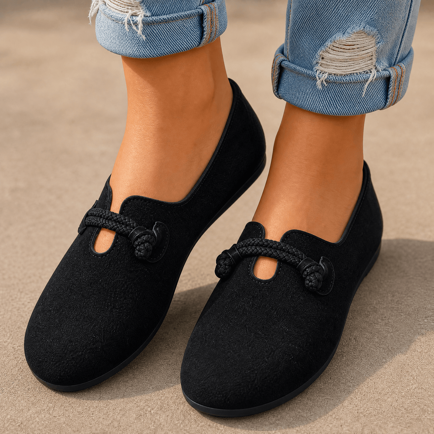 Sollea – Soft Suede Slip-On Flats with Rope Bow