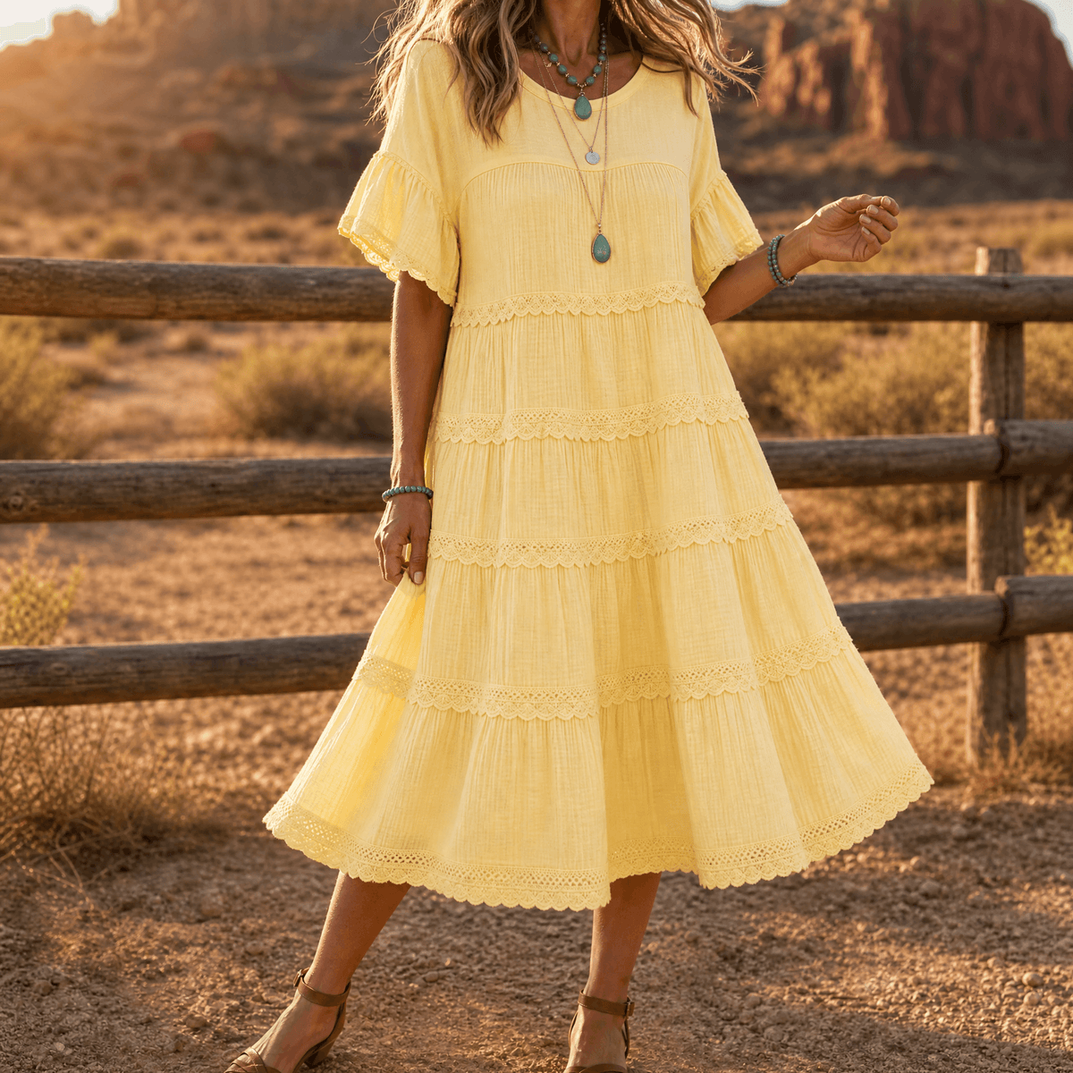 Sundara – Women's Tiered Lace Midi Dress with Hidden Pockets