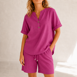 Lunessa – Cotton Linen 2 Piece Set Women Henley Top and Drawstring Shorts