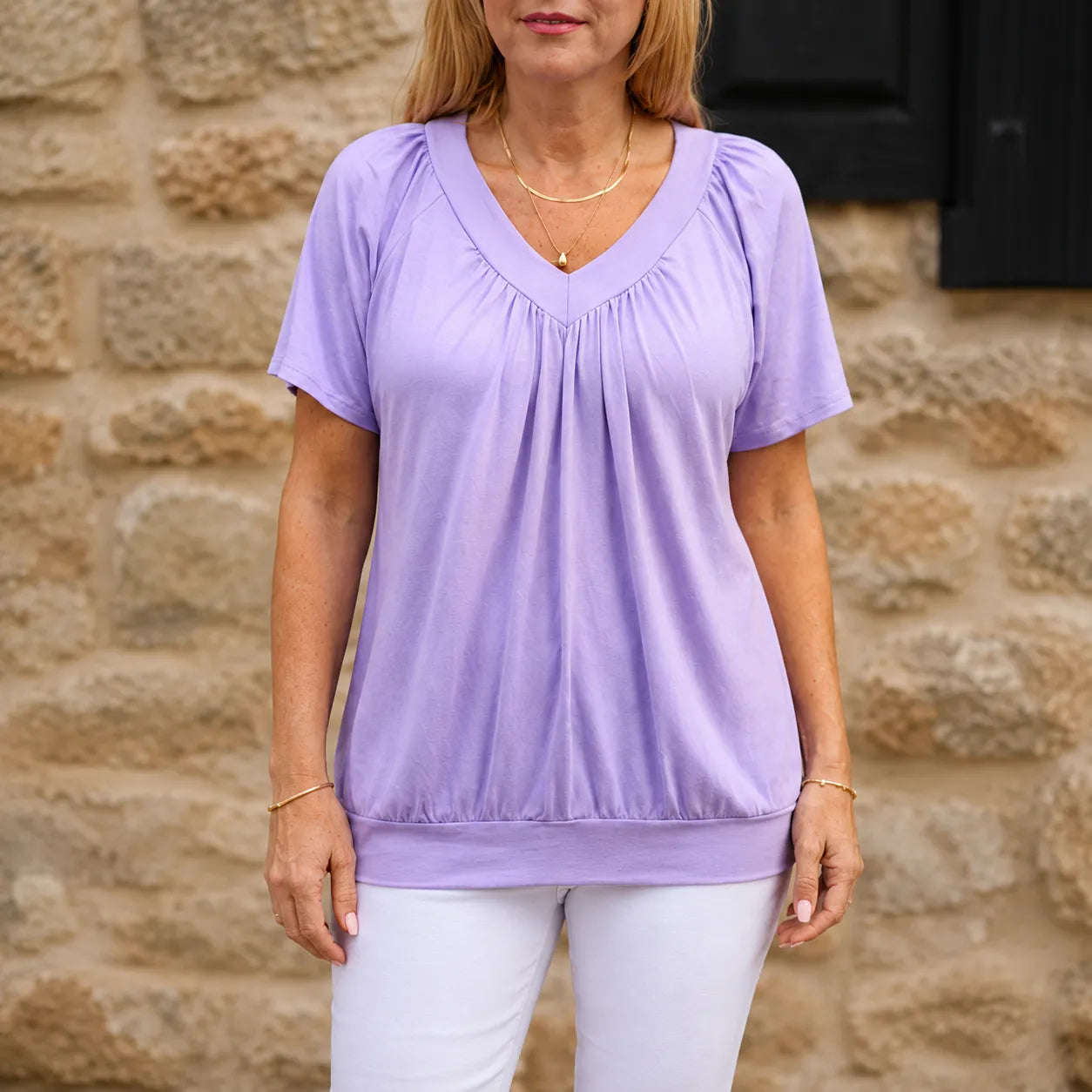 Velora – Pleated V-Neck Tunic Top for Women, Soft Drape Casual Blouse