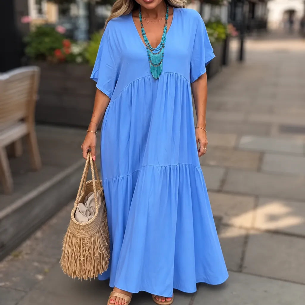 Vellira – Plus Size V-Neck Tiered Midi Dress