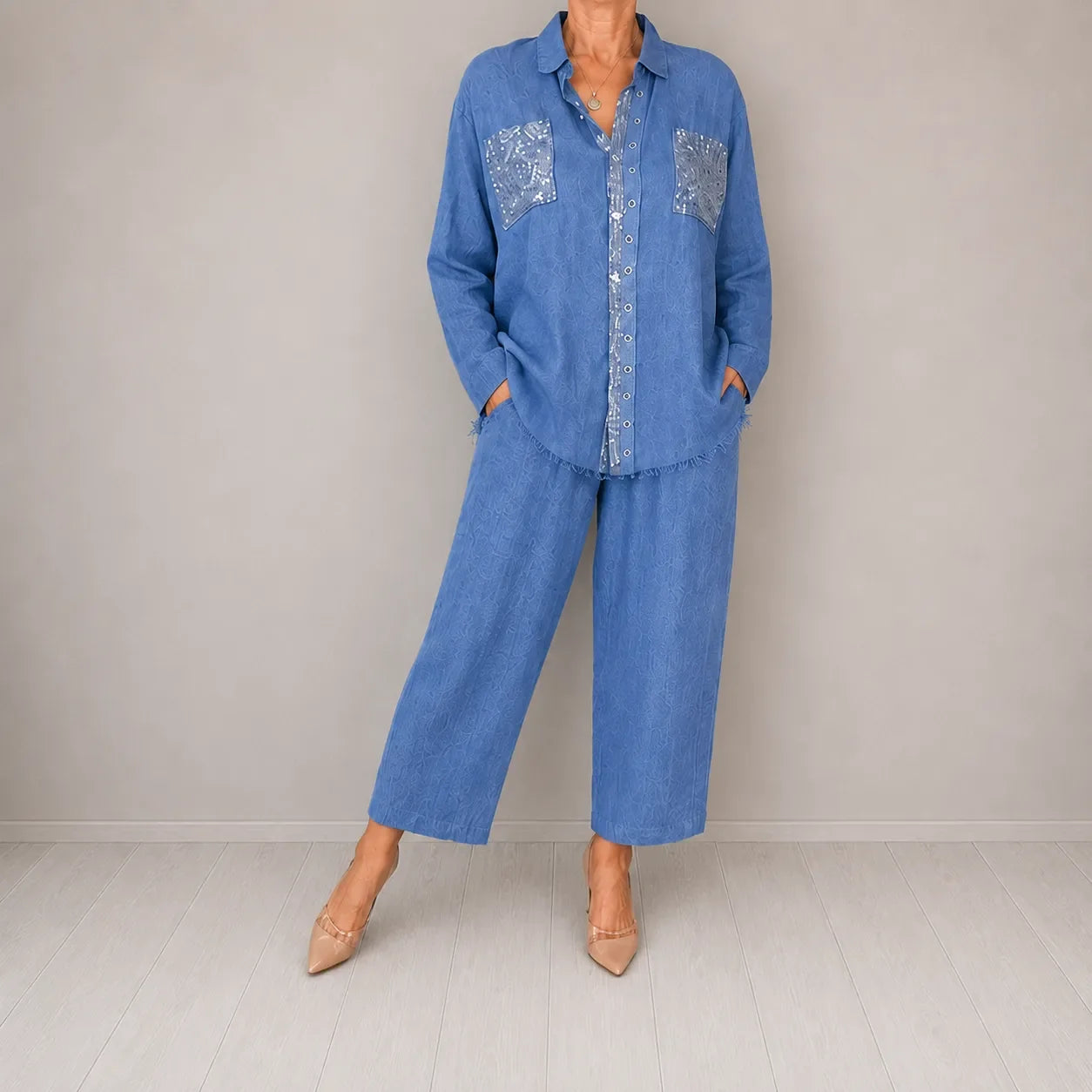 Sielora – Sequin Pocket Two Piece Set Wide Leg Pants Shirt Co-ord Women