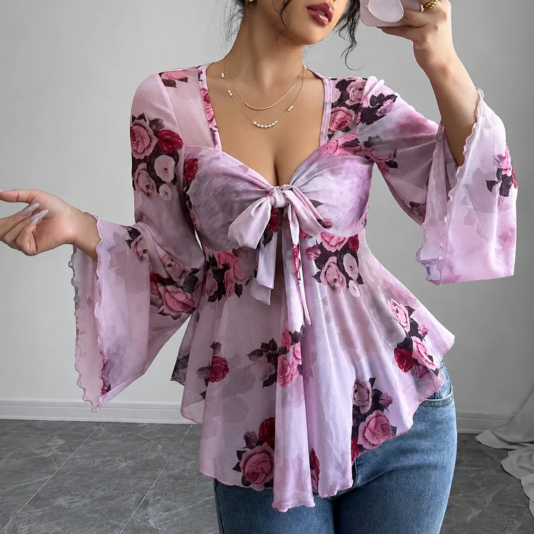 Roselyn – Floral tie-front bell sleeve mesh blouse