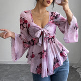 Roselyn – Floral tie-front bell sleeve mesh blouse