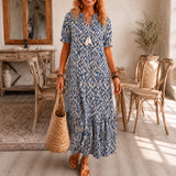 Solara – Ikat Print Boho Maxi Dress with Tassel V-Neck